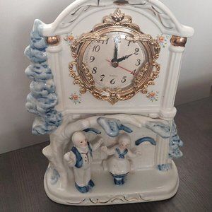 Antique Ceramic Delftware Mantel Clock Collectible With Ornate Frame and Figures